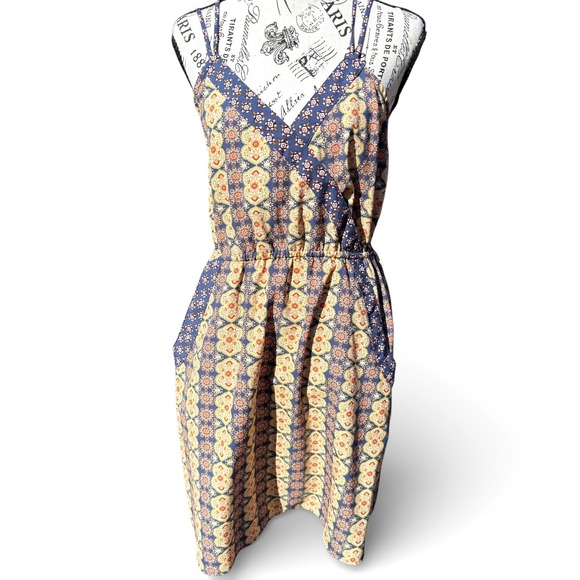 Xhilaration Dresses & Skirts - Xhilaration Dress Medium Abstract Faux Wrap Neck Babydoll Boho Cottagecore Farm